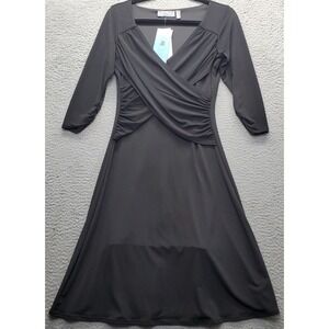 B-Slim Built-in Shapewear Dress Womens XS Black 3/4 Sleeve Faux Wrap V-Neck‎